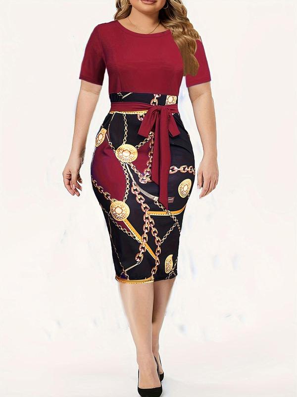 Women's Patchwork Chain Print Belted Bodycon Dress, Elegant Short Sleeve Midi Dress for Spring & Fall,  Women's Clothing, Dresses for Women, Ladies Clothes for Daily Outdoor Office Wear