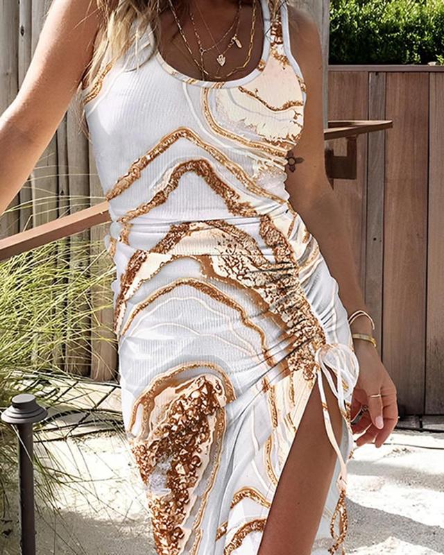 Chicme Marble Print Ribbed Drawstring Ruched High Slit Dress tankdress Satin Flutter Sleeve Wedding Guest Dress paris  hilton vma