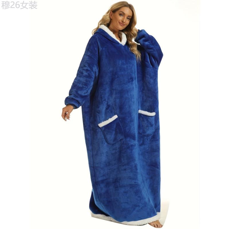 Plus Size Womens Flannel Loungewear Robe - Super Soft Hooded Wearable Blanket with Pockets for Cozy Casual Days Fabric Sleeve