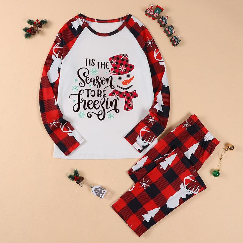 （Mom）Christmas Family Pajamas Matching Set, Snowman Letters Print T-shirt with Plaid Pants Sleepwear Loungewear Crewneck Long Sleeve