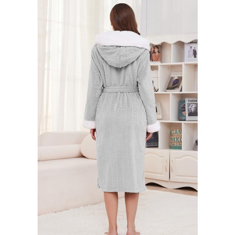 LYCY Womens Fluffy Hooded Robe, Soft Plush Womens Fleece Robe Long Warm Loungewear