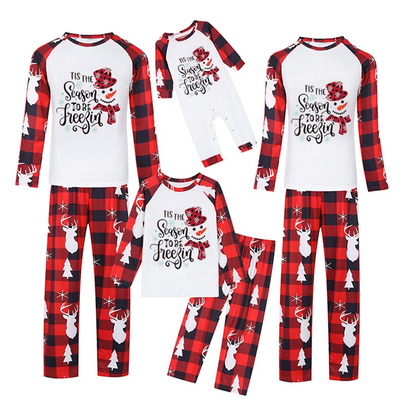 （Mom）Christmas Family Pajamas Matching Set, Snowman Letters Print T-shirt with Plaid Pants Sleepwear Loungewear Crewneck Long Sleeve