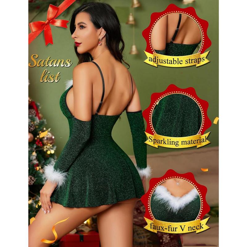 Christmas Lingerie Womens Sexy Santa Dress Babydoll Chemise Xmas Costume With Gloves S-XXL