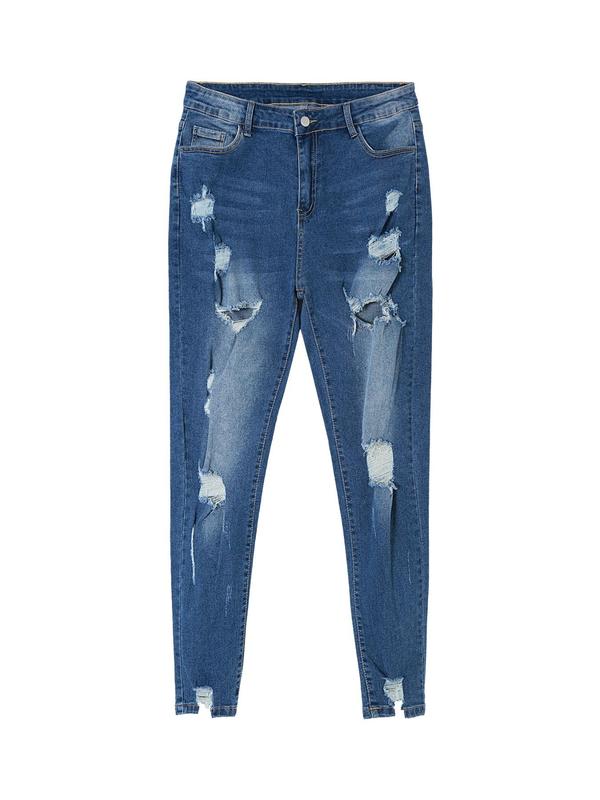  Ripped Button Fly Skinny Jeans, Casual Pocket Design Denim Trousers for Daily Wear, Women's Bottoms for All Seasons