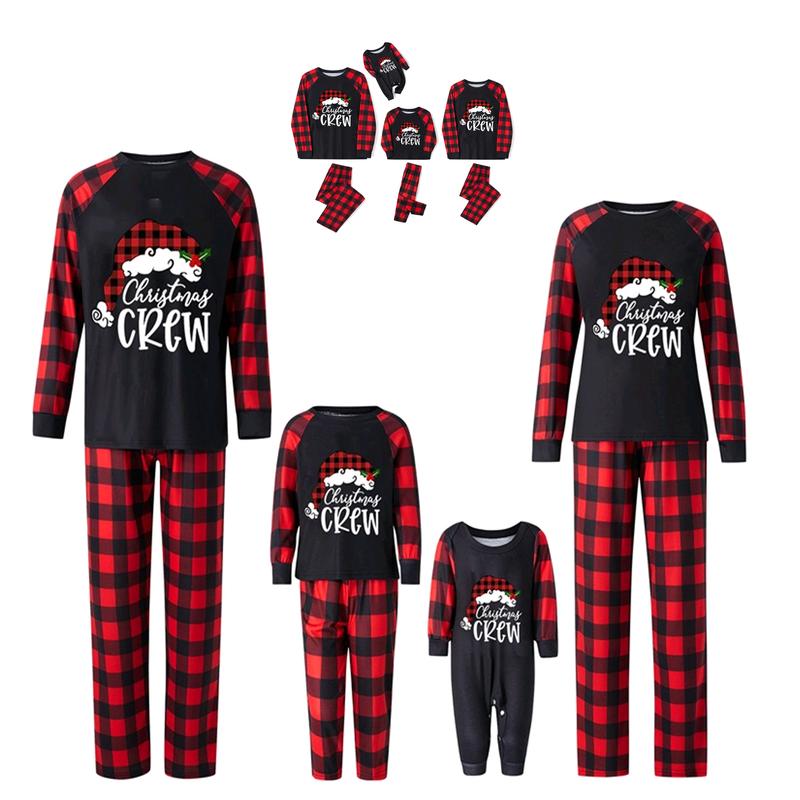 Matching Christmas Pajamas For Family, Long-Sleeved Letter Print Round Neck Tops + Plaid Pattern Trousers Sleepwear Outfits