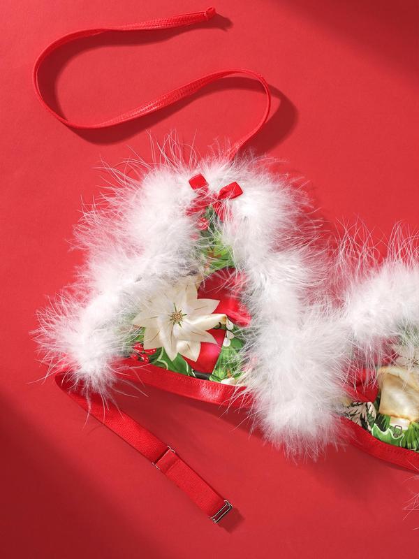 Women's Christmas Themed Contrast  Bow Decor Faux Fur Trim Halter Bra & Thong & Santa Hat Three-piece Set, Adjustable Strap Wireless Bra & Thong & Hat Set, Lingerie Set for Women