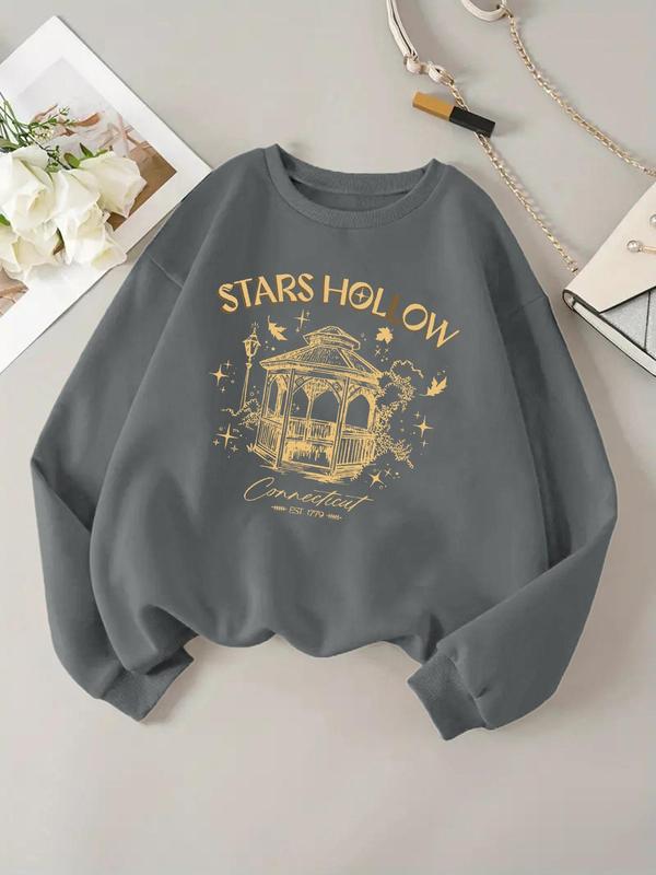 Women's Cartoon & Star Hollow Letter Print Drop Shoulder Sweatshirt, Casual Long Sleeve Round Neck Pullover for Daily Wear, Women's Clothing for All Seasons