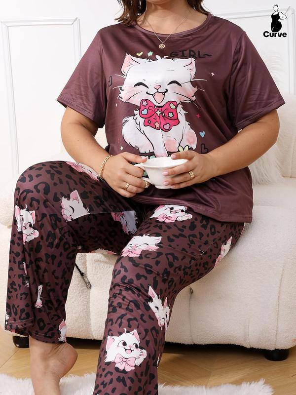 Plus Size Cartoon Cat Print Pyjama Set, Cute Drop Shoulder Sleep Tee & Leopard Print Elastic Waist Pants, Summer Clothes Women Sleepwear