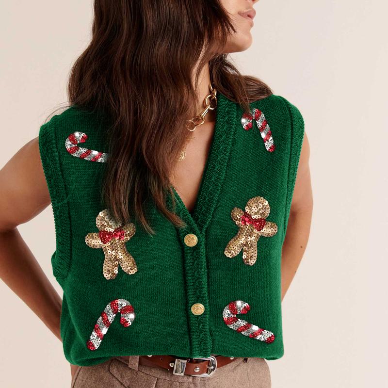 Women’s V Neck Knit Vest Christmas Sleeveless Sequin Embroidery Button Tank Tops Sweater Vest