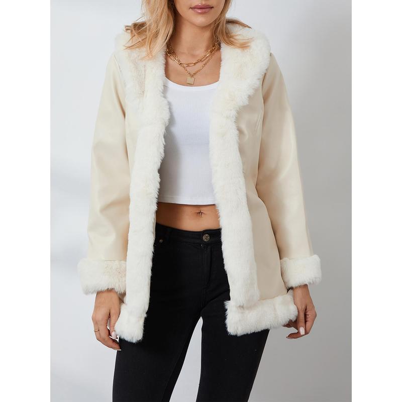 Women Casual Contrast Color Plush Collar Warm Cardigan with Belt Outwear Streetwear sports jacket detachable jacket