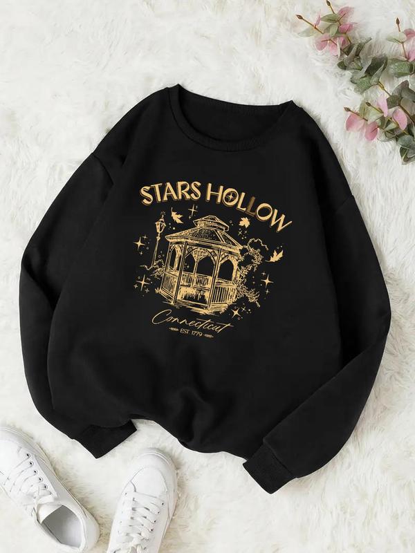 Women's Cartoon & Star Hollow Letter Print Drop Shoulder Sweatshirt, Casual Long Sleeve Round Neck Pullover for Daily Wear, Women's Clothing for All Seasons