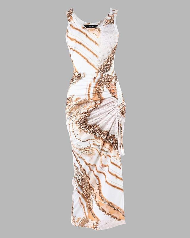 Chicme Marble Print Ribbed Drawstring Ruched High Slit Dress tankdress Satin Flutter Sleeve Wedding Guest Dress paris  hilton vma