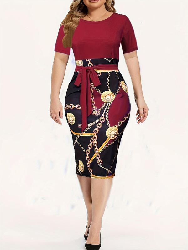 Women's Patchwork Chain Print Belted Bodycon Dress, Elegant Short Sleeve Midi Dress for Spring & Fall,  Women's Clothing, Dresses for Women, Ladies Clothes for Daily Outdoor Office Wear