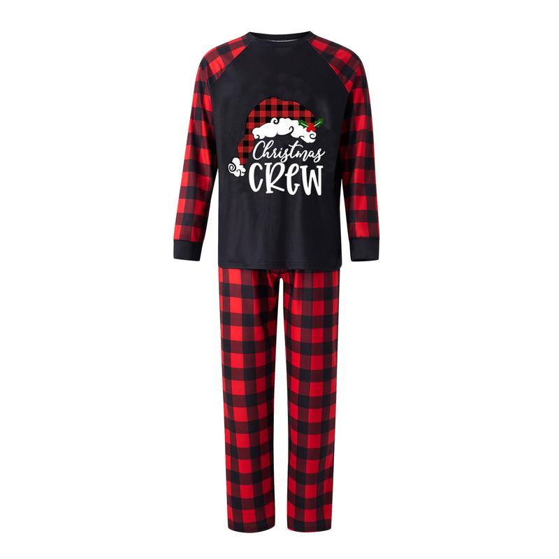 Matching Christmas Pajamas For Family, Long-Sleeved Letter Print Round Neck Tops + Plaid Pattern Trousers Sleepwear Outfits