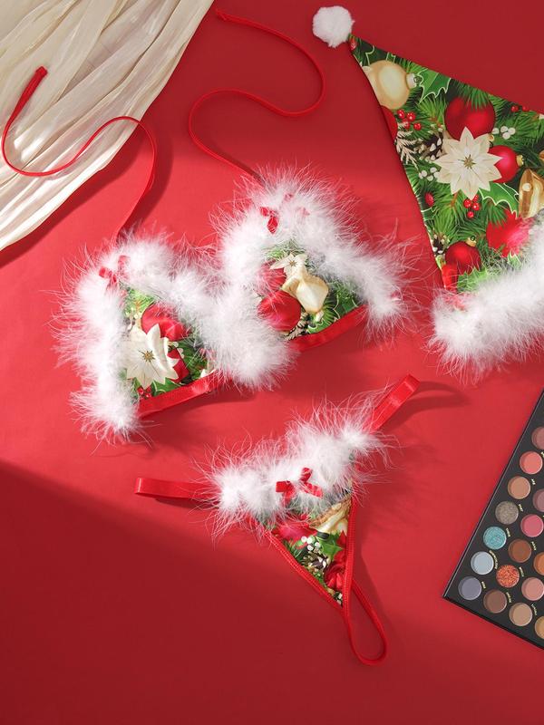 Women's Christmas Themed Contrast  Bow Decor Faux Fur Trim Halter Bra & Thong & Santa Hat Three-piece Set, Adjustable Strap Wireless Bra & Thong & Hat Set, Lingerie Set for Women