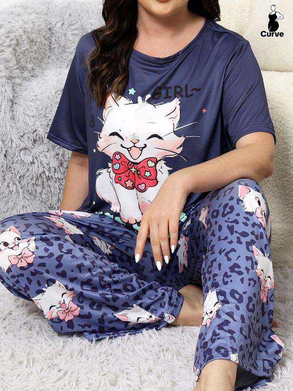 Plus Size Cartoon Cat Print Pyjama Set, Cute Drop Shoulder Sleep Tee & Leopard Print Elastic Waist Pants, Summer Clothes Women Sleepwear