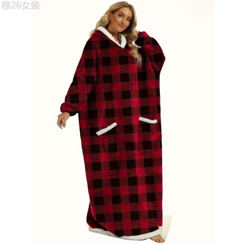 Plus Size Womens Flannel Loungewear Robe - Super Soft Hooded Wearable Blanket with Pockets for Cozy Casual Days Fabric Sleeve