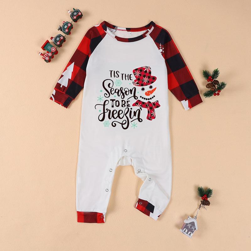 （Mom）Christmas Family Pajamas Matching Set, Snowman Letters Print T-shirt with Plaid Pants Sleepwear Loungewear Crewneck Long Sleeve