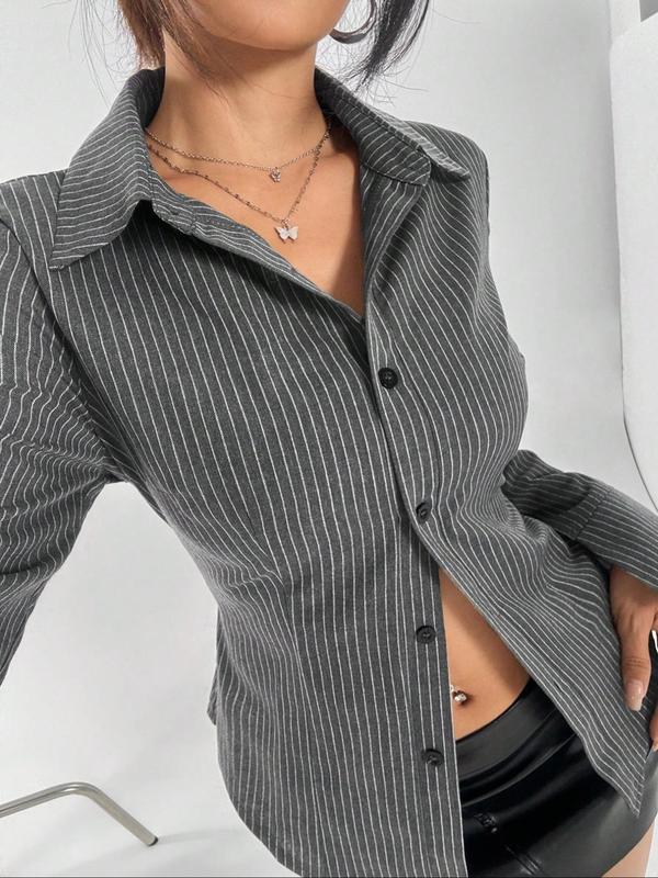 Women's Striped Print Button Front Curved Hem Shirt, Casual Long Sleeve Collared Top for Spring & Fall, Ladies Clothes for Daily Wear