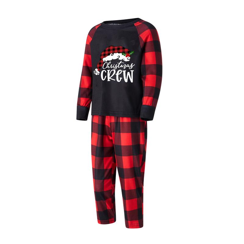 Matching Christmas Pajamas For Family, Long-Sleeved Letter Print Round Neck Tops + Plaid Pattern Trousers Sleepwear Outfits