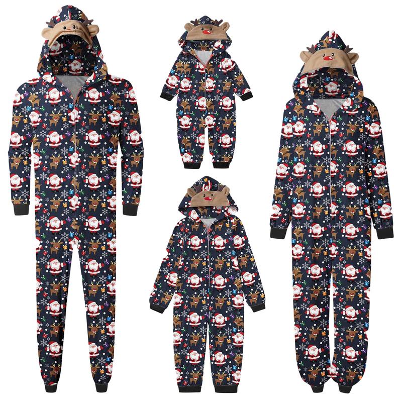 2024 New Family Matching Christmas Jumpsuits Pajamas Sets Xmas Pj's Clothes Letter Santa Tree Print Hooded Long Sleeve Playsuits Autumn Zipper Long Rompers Bodysuit