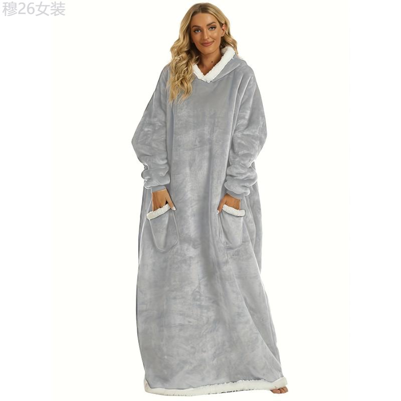 Plus Size Womens Flannel Loungewear Robe - Super Soft Hooded Wearable Blanket with Pockets for Cozy Casual Days Fabric Sleeve