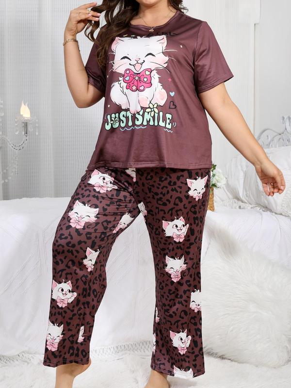 Plus Size Cartoon Cat Print Pyjama Set, Cute Drop Shoulder Sleep Tee & Leopard Print Elastic Waist Pants, Summer Clothes Women Sleepwear