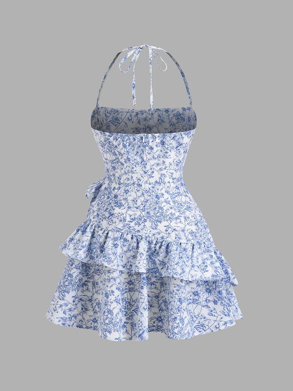 YOZY Ditsy Floral Print Ruffle Trim Dress, Casual Sleeveless Spaghetti Strap Bow Tie Dress, 2024 Women's Summer Outfits for Beach, Holiday, Vacation