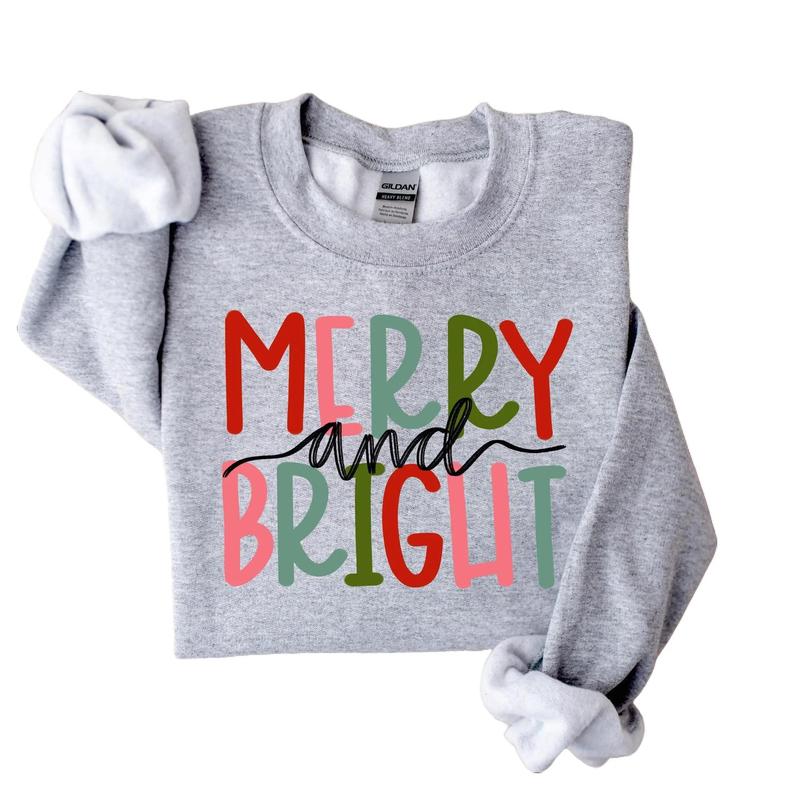 Merry and Bright Sweatshirt T-Shirt, Christmas Crewneck, Family Christmas Sweatshirt, Colorful Merry and Bright Shirt, Girly Christmas Sweater, Unisex, Gift For Her, Full Sizes, Full Colors