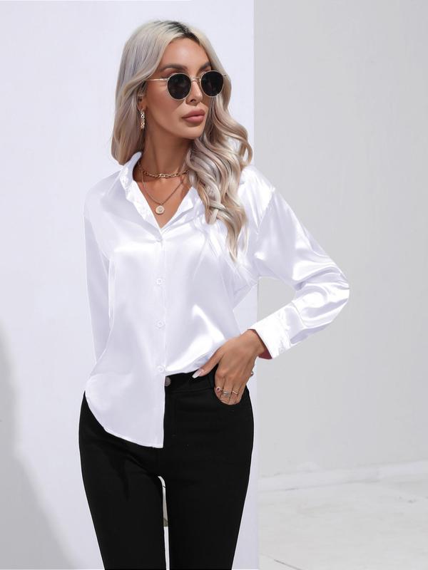 Women's Collar Button Front Silky Blouse, Elegant Long Sleeve Button Down Shirt, Fall Clothing Women, Ladies Shiny Top Daily Wear