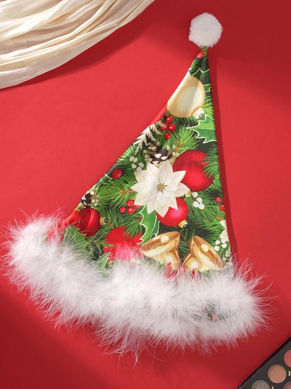 Women's Christmas Themed Contrast  Bow Decor Faux Fur Trim Halter Bra & Thong & Santa Hat Three-piece Set, Adjustable Strap Wireless Bra & Thong & Hat Set, Lingerie Set for Women