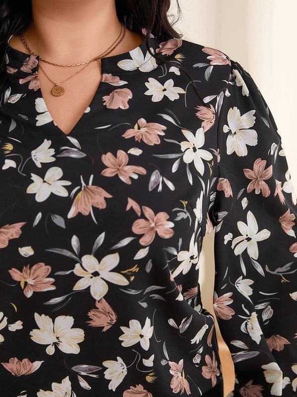 CURVZY Plus Size All Over Floral Print Notched Blouse, Casual Flounce Sleeve Top for Fall & Winter, Women's Clothes for Daily Wear