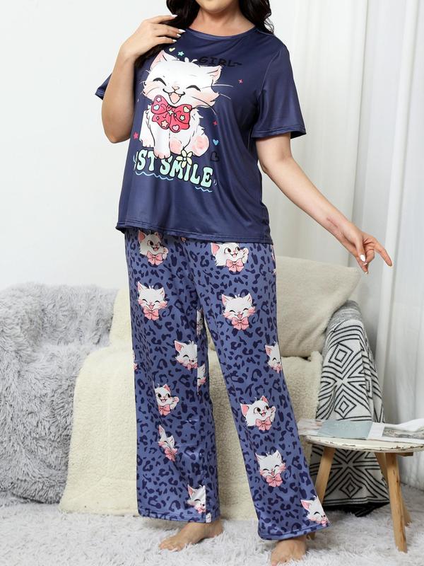 Plus Size Cartoon Cat Print Pyjama Set, Cute Drop Shoulder Sleep Tee & Leopard Print Elastic Waist Pants, Summer Clothes Women Sleepwear