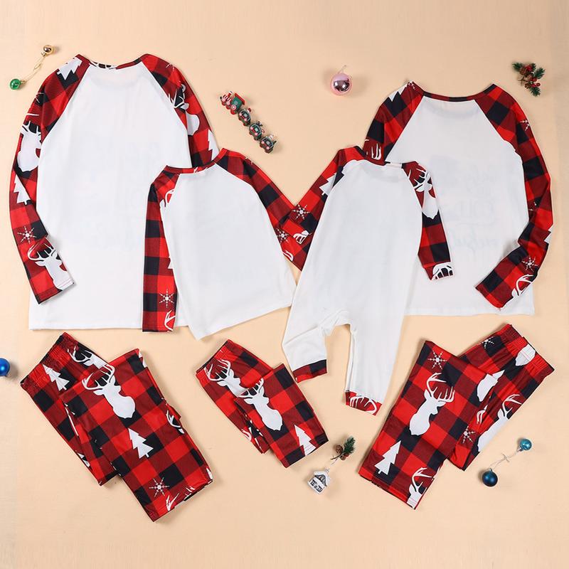 （Mom）Christmas Family Pajamas Matching Set, Snowman Letters Print T-shirt with Plaid Pants Sleepwear Loungewear Crewneck Long Sleeve