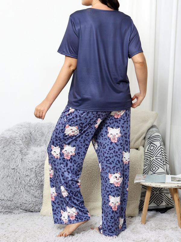 Plus Size Cartoon Cat Print Pyjama Set, Cute Drop Shoulder Sleep Tee & Leopard Print Elastic Waist Pants, Summer Clothes Women Sleepwear