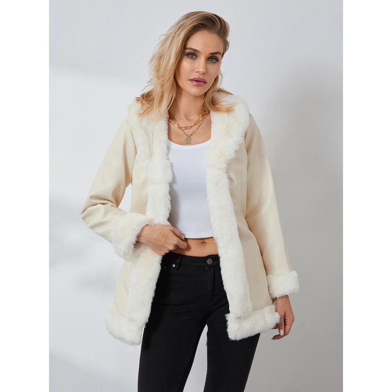 Women Casual Contrast Color Plush Collar Warm Cardigan with Belt Outwear Streetwear sports jacket detachable jacket