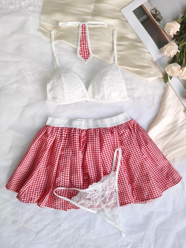 Women's Plaid Print Lace Trim Ruffle Trim Bra & Thong & Skirt & Choker Set, Sexy Lingerie Set for Women, Women's Lingerie & Underwear for All Seasons