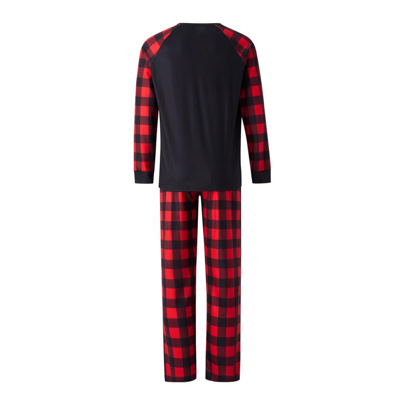 Matching Christmas Pajamas For Family, Long-Sleeved Letter Print Round Neck Tops + Plaid Pattern Trousers Sleepwear Outfits