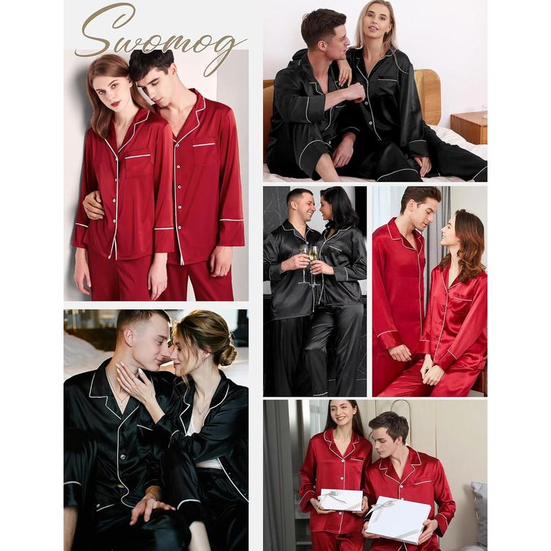 Couples Matching Pajamas Sets Silk Satin Long Sleeve Button Down Sleepwear 2 Pieces Classic Loungewear