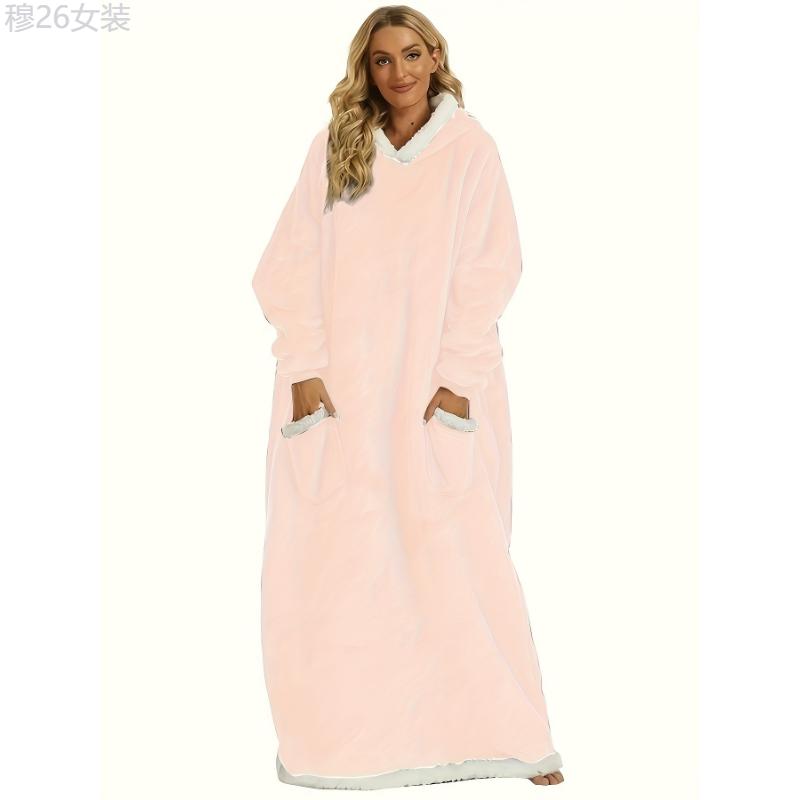 Plus Size Womens Flannel Loungewear Robe - Super Soft Hooded Wearable Blanket with Pockets for Cozy Casual Days Fabric Sleeve