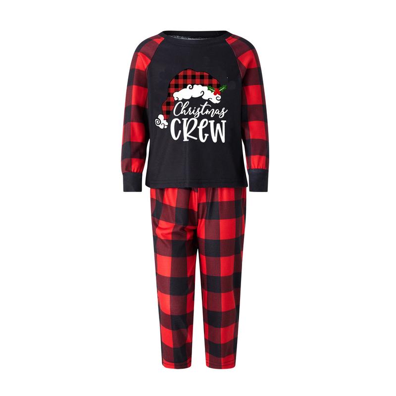 Matching Christmas Pajamas For Family, Long-Sleeved Letter Print Round Neck Tops + Plaid Pattern Trousers Sleepwear Outfits