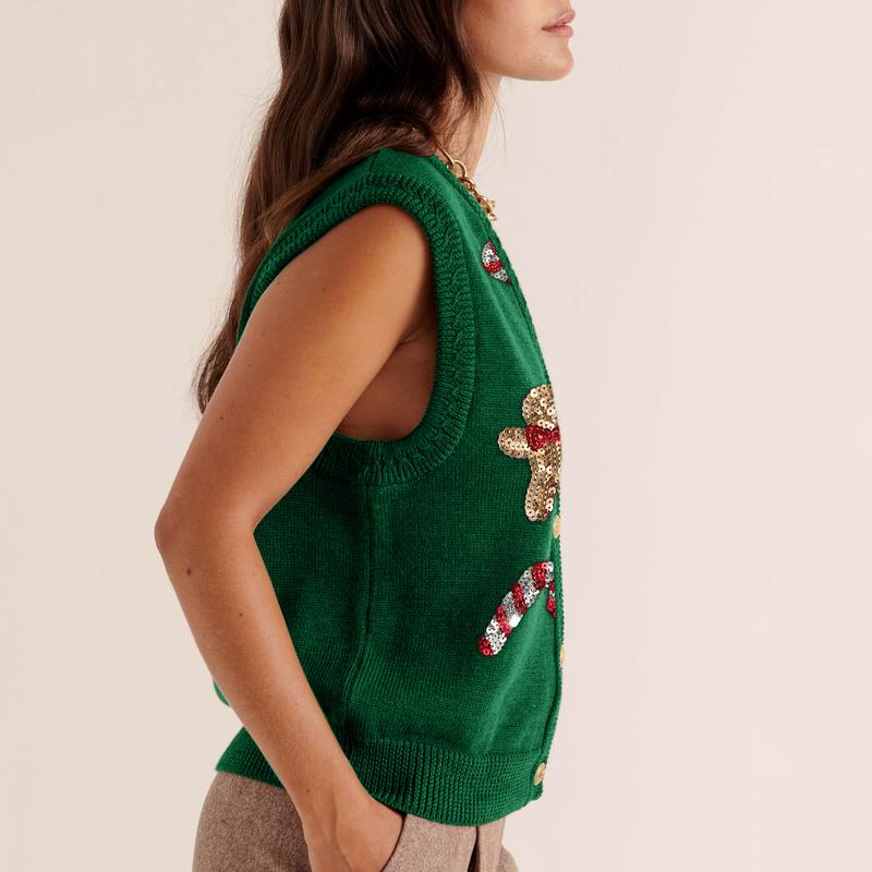 Women’s V Neck Knit Vest Christmas Sleeveless Sequin Embroidery Button Tank Tops Sweater Vest