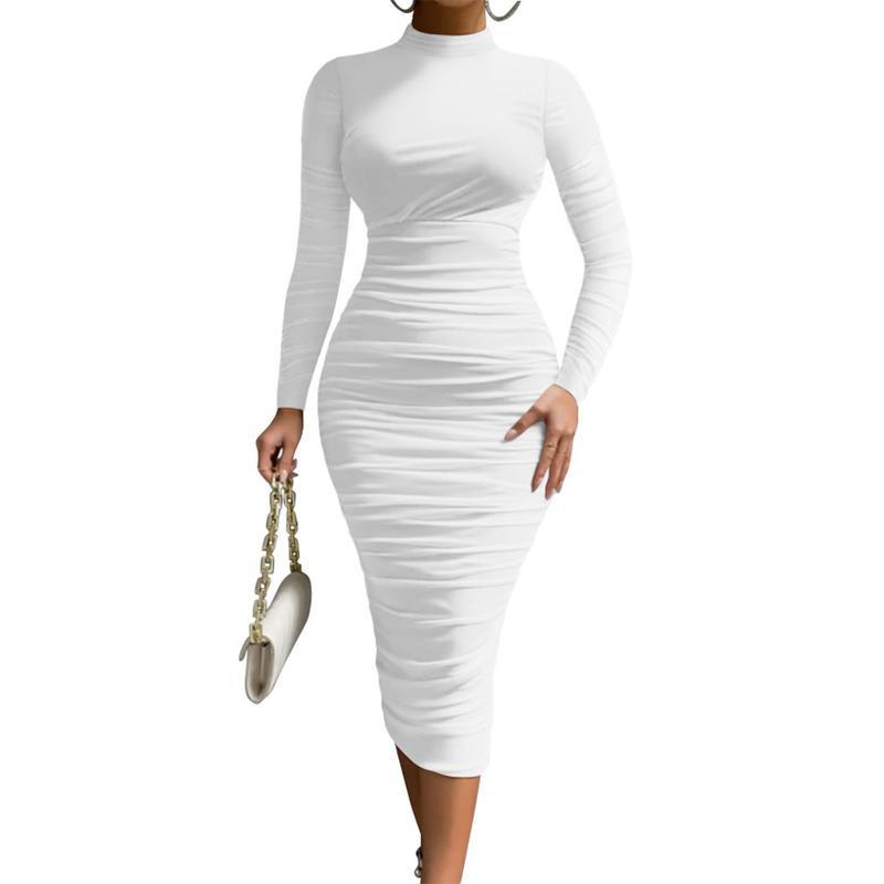 Alt Chic Women's Cocktail Bodycon Long Sleeve Mock Neck Mesh Ruched Midi Party Dress Formal Womenswear Comfortable Polyester Comfort Workwear Formal Wear Basic Elegant