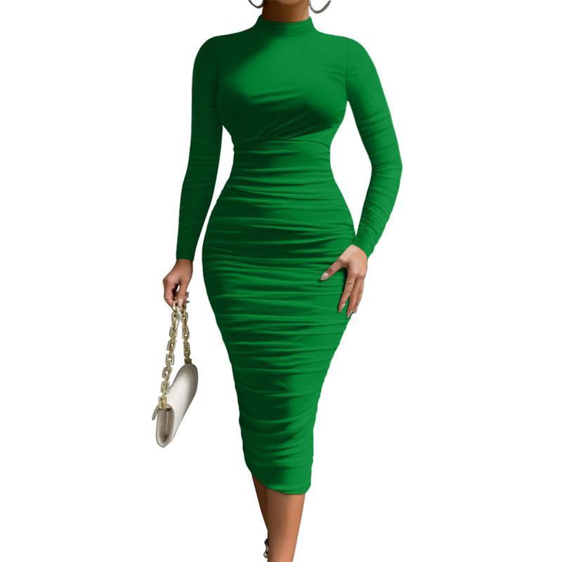 Alt Chic Women's Cocktail Bodycon Long Sleeve Mock Neck Mesh Ruched Midi Party Dress Formal Womenswear Comfortable Polyester Comfort Workwear Formal Wear Basic Elegant