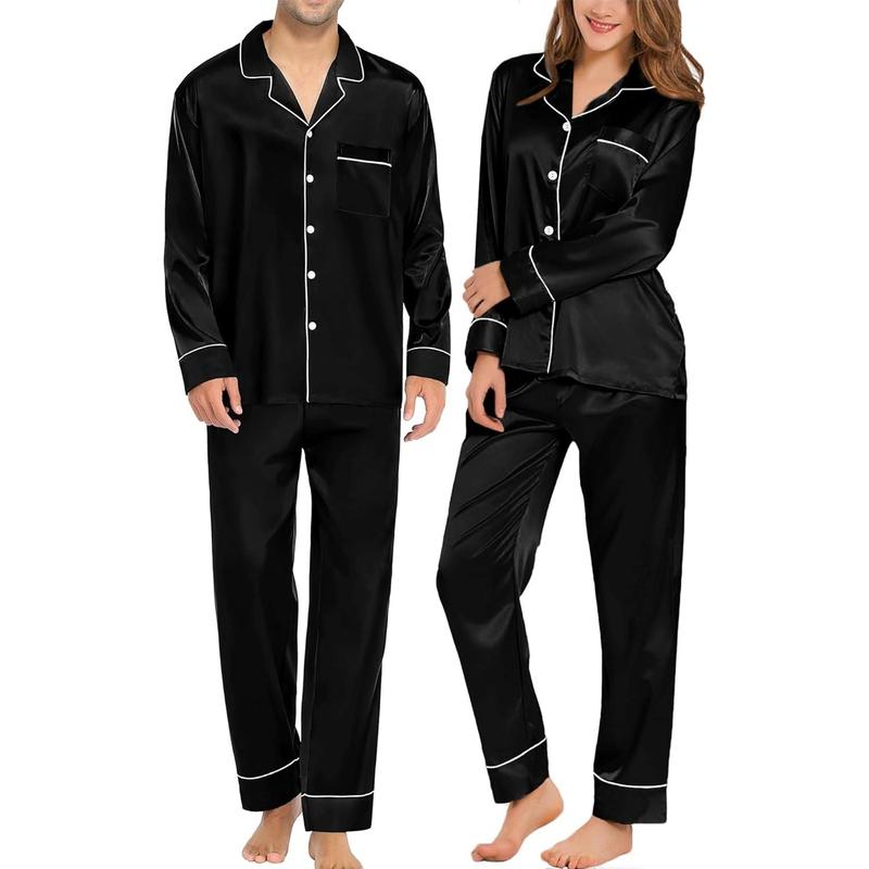 Couples Matching Pajamas Sets Silk Satin Long Sleeve Button Down Sleepwear 2 Pieces Classic Loungewear