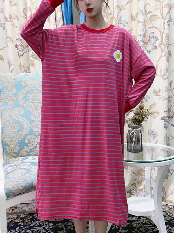 Women's Stripe & Pineapple Print Drop Shoulder Long Sleeve Nightdress, Casual Soft Comfortable Round Neck Nightgown for Spring & Fall, Women's Sleepwear for Indoor Wear