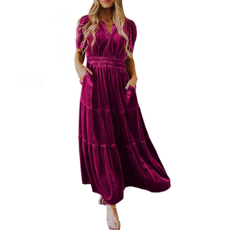 Women's Casual Red Dahlia Velvet Short Sleeve Shirred Waist Tiered Maxi Dress Christmas Party Formal Womenswear