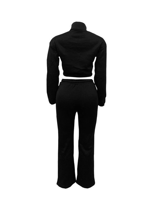 Women's Solid Zip Up Crop Sweatshirt & Drawstring Waist Pants Two-piece Set, Casual Fashion Cozy Breathable Two Piece Outfits for Daily Outdoor Wear, Women Clothes for Fall & Winter