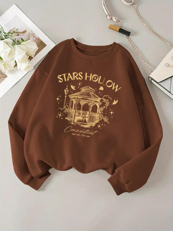 Women's Cartoon & Star Hollow Letter Print Drop Shoulder Sweatshirt, Casual Long Sleeve Round Neck Pullover for Daily Wear, Women's Clothing for All Seasons