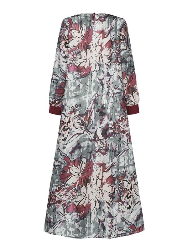 Women's Floral Patchwork Print Tie Front A Line Dress, Modest Long Sleeve Keyhole Back Maxi Dress for Vacation Holiday Wedding Guest, Ladies Clothes for All Seasons